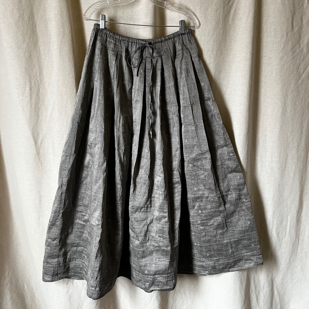 Vintage‎ Kar a Van Linen Maxi Skirt S Elastic Waist Embroidered Gray Summer